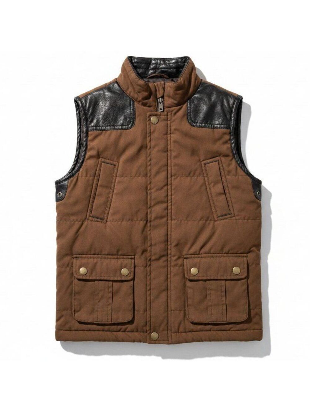 Class Club Boys Brown Quilted Utility Vest Size 6/7 Faux Leather Trim Pockets
